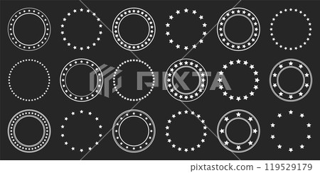 Stars of various sizes arranged in a circle. Round frame, border. Black star shape, simple symbol. Vintage logo, logotype design element, ornament. Vector illustration Stars of various sizes arranged in a circle. Round frame, border. Black star shape, simple symbol. Vintage logo, logotype design element, ornament. Vector illustration 119529179