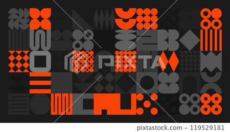 Brutalist geometric shapes, gray and orange symbols. Simple primitive elements and forms. Retro design, trendy contemporary minimalist style. Vector illustration Brutalist geometric shapes, gray and orange symbols. Simple primitive elements and forms. Retro design, trendy contemporary minimalist style. Vector illustration 119529181