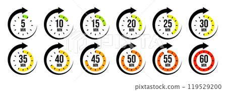 Stopwatch icons with pointer arrow. Colorful chronometer, time counter with dial. Countdown time, hours and minutes. Deadline, sport measurement. Cooking time label, sticker. Vector illustration 119529200