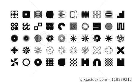 Brutalist geometric shapes, modern symbols. Simple primitive elements and forms. Retro design, trendy contemporary minimalist style, y2k. Vector illustration Brutalist geometric shapes, modern symbols. Simple primitive elements and forms. Retro design, trendy contemporary minimalist style, y2k. Vector illustration 119529213