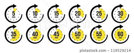 Stopwatch icons with pointer arrow. Colorful chronometer, time counter with dial. Countdown time, hours and minutes. Deadline, sport measurement. Cooking time label, sticker. Vector illustration 119529214