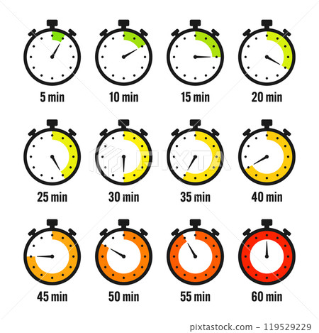 Stopwatch icons. Colorful simple chronometer, time counter with dial. Countdown timer showing hours and minutes. Deadline, measurement for sport. Cooking time label, sticker. Vector illustration Stopwatch icons. Colorful simple chronometer, time counter with dial. Countdown timer showing hours and minutes. Deadline, measurement for sport. Cooking time label, sticker. Vector illustration 119529229