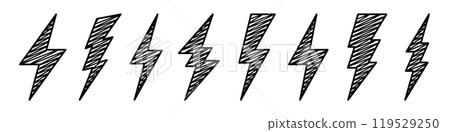 Hatched lightning bolt icons collection. Hand drawn flash symbol, thunderbolt. Simple lightning strike sign. Vector illustration Hatched lightning bolt icons collection. Hand drawn flash symbol, thunderbolt. Simple lightning strike sign. Vector illustration 119529250