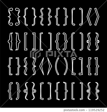 Text brackets collection, black quotation box. Curly, square and corner parentheses. Vintage typographical symbol, calligraphic quote frame. Doodle, lettering element. Vector illustration Text brackets collection, black quotation box. Curly, square and corner parentheses. Vintage typographical symbol, calligraphic quote frame. Doodle, lettering element. Vector illustration 119529252