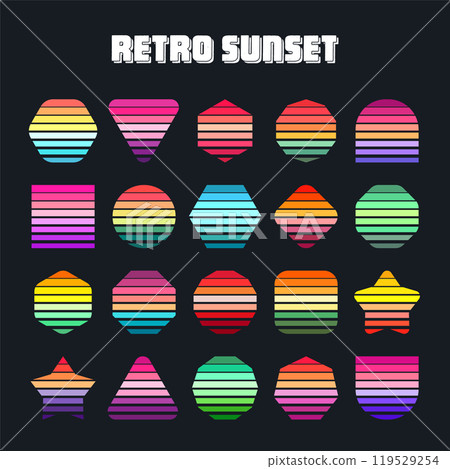 Vintage sunset collection. Various colorful striped sunrise badges in 80s and 90s style. Sun and ocean view, summer vibes, surfing. Design element for print, logo or t-shirt. Vector illustration Vintage sunset collection. Various colorful striped sunrise badges in 80s and 90s style. Sun and ocean view, summer vibes, surfing. Design element for print, logo or t-shirt. Vector illustration 119529254