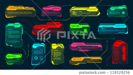 Futuristic HUD or UI elements. Sci-fi user interface text boxes, callouts. Colorful warning message frame, information boxes template. Modern game interface layout, digital style. Vector illustration Futuristic HUD or UI elements. Sci-fi user interface text boxes, callouts. Colorful warning message frame, information boxes template. Modern game interface layout, digital style. Vector illustration 119529256