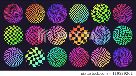 Groovy checkered pattern, neon round tiled grid. Vintage wavy curved backdrop, distortion effect. Funky geometric chessboard texture, retro background in 90s style, y2k. Vector illustration 119529261