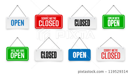 Realistic open or closed hanging signboards. Vintage door sign for cafe, restaurant, bar or retail store. Announcement banner, information signage for business or service. Vector illustration Realistic open or closed hanging signboards. Vintage door sign for cafe, restaurant, bar or retail store. Announcement banner, information signage for business or service. Vector illustration 119529314