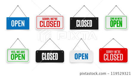 Realistic open or closed hanging signboards. Vintage door sign for cafe, restaurant, bar or retail store. Announcement banner, information signage for business or service. Vector illustration Realistic open or closed hanging signboards. Vintage door sign for cafe, restaurant, bar or retail store. Announcement banner, information signage for business or service. Vector illustration 119529321
