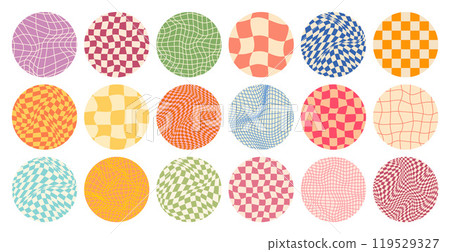 Groovy checkered pattern, round colorful tiled grid. Vintage wavy curved backdrop, distortion effect. Funky geometric chessboard texture, retro background in 90s style, y2k. Vector illustration 119529327
