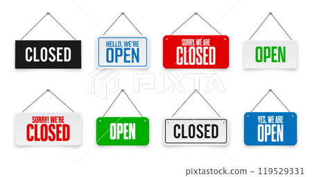 Realistic open or closed hanging signboards. Vintage door sign for cafe, restaurant, bar or retail store. Announcement banner, information signage for business or service. Vector illustration Realistic open or closed hanging signboards. Vintage door sign for cafe, restaurant, bar or retail store. Announcement banner, information signage for business or service. Vector illustration 119529331
