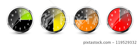 Wall clock, stopwatch icons. Shiny metal chronometer, time counter with dial. Colorful countdown timer showing minutes and seconds. Time measurement for sport, start and finish. Vector illustration Wall clock, stopwatch icons. Shiny metal chronometer, time counter with dial. Colorful countdown timer showing minutes and seconds. Time measurement for sport, start and finish. Vector illustration 119529332