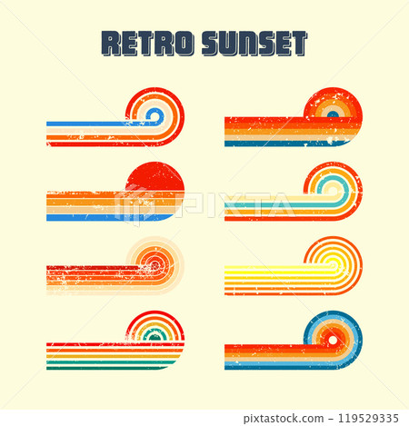 Grunge horizontal vintage sunsets. Various colorful striped sunrise badges in 80s and 90s style. Sun and ocean view, summer vibes, surfing. Design element, print, logo or t-shirt. Vector illustration Grunge horizontal vintage sunsets. Various colorful striped sunrise badges in 80s and 90s style. Sun and ocean view, summer vibes, surfing. Design element, print, logo or t-shirt. Vector illustration 119529335