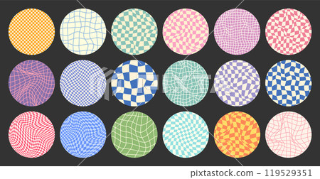 Groovy checkered pattern, round colorful tiled grid. Vintage wavy curved backdrop, distortion effect. Funky geometric chessboard texture, retro background in 90s style, y2k. Vector illustration 119529351