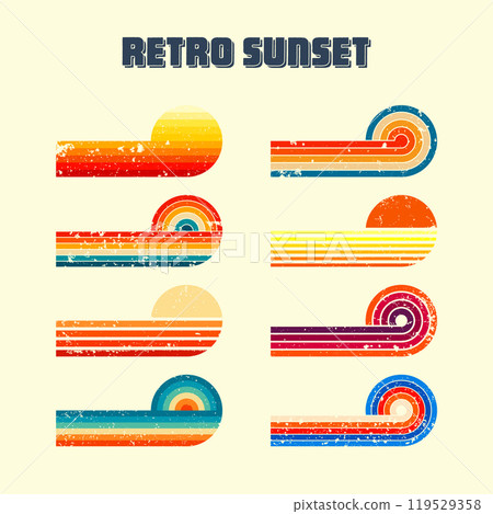 Grunge horizontal vintage sunsets. Various colorful striped sunrise badges in 80s and 90s style. Sun and ocean view, summer vibes, surfing. Design element, print, logo or t-shirt. Vector illustration 119529358