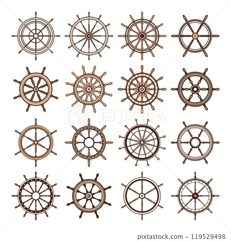 Wooden vintage steering wheels. Ship, sailboat or yacht retro wheel symbol. Brown nautical rudder icon. Marine logotype design element. Vector illustration Wooden vintage steering wheels. Ship, sailboat or yacht retro wheel symbol. Brown nautical rudder icon. Marine logotype design element. Vector illustration 119529498