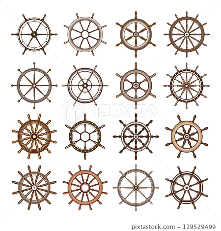 Wooden vintage steering wheels. Ship, sailboat or yacht retro wheel symbol. Brown nautical rudder icon. Marine logotype design element. Vector illustration Wooden vintage steering wheels. Ship, sailboat or yacht retro wheel symbol. Brown nautical rudder icon. Marine logotype design element. Vector illustration 119529499