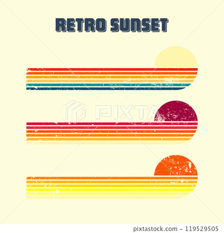 Grunge horizontal vintage sunsets. Various colorful striped sunrise badges in 80s and 90s style. Sun and ocean view, summer vibes, surfing. Design element, print, logo or t-shirt. Vector illustration 119529505