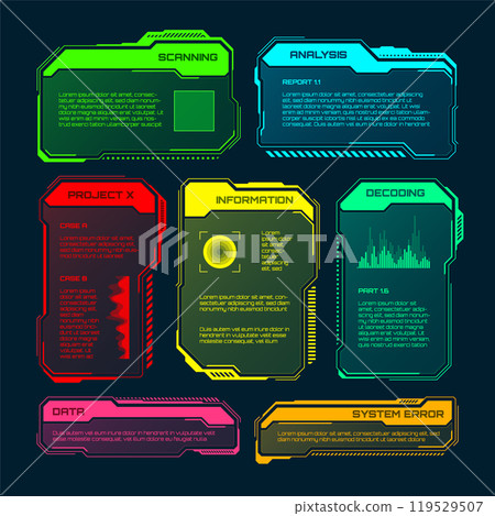 Futuristic HUD or UI elements. Sci-fi user interface text boxes, callouts. Colorful warning message frame, information boxes template. Modern game interface layout, digital style. Vector illustration Futuristic HUD or UI elements. Sci-fi user interface text boxes, callouts. Colorful warning message frame, information boxes template. Modern game interface layout, digital style. Vector illustration 119529507