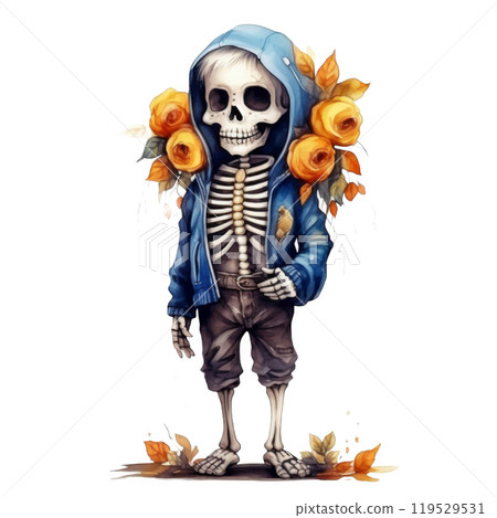 Skeleton Wearing a Blue Hoodie with Yellow Roses 119529531