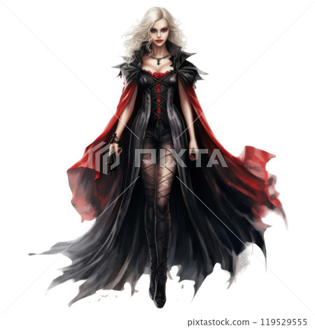 A Blonde Woman Wearing a Black Dress and a Red Cape 119529555