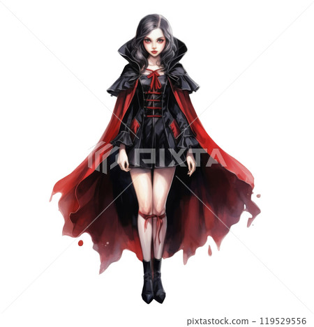 A young woman in a black dress and red cape 119529556
