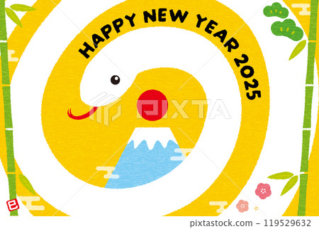New Year's card for 2025, Year of the Snake, white snakes surrounding Mount Fuji New Year's card for 2025, Year of the Snake, white snakes surrounding Mount Fuji 119529632