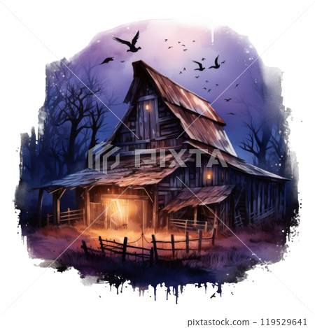 A Rustic Barn Under a Twilight Sky with Flocks of Birds 119529641