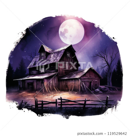 A Rustic Wooden Barn Under a Full Moon 119529642