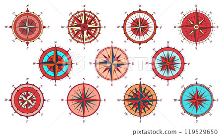 Vintage marine wind rose, nautical chart. Colorful navigational compass with cardinal directions of North, East, South, West. Geographical position, cartography and navigation. Vector illustration 119529650