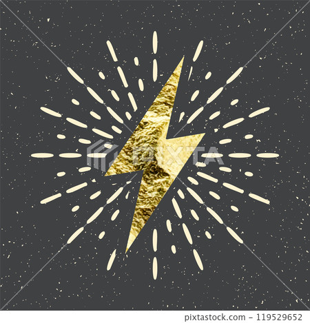 Vintage golden lightning bolt and sun rays. Gold foil texture. Lightning with sunburst effect. Thunderbolt, electric shock sign. Vector illustration 119529652