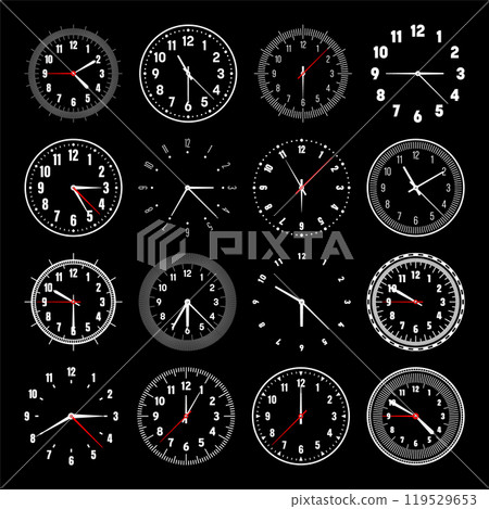 Mechanical clock faces with hands, bezel. Watch dial with minute, hour marks and numbers, arabic numerals. Timer or stopwatch element. Measuring circle scale with divisions. Vector illustration Mechanical clock faces with hands, bezel. Watch dial with minute, hour marks and numbers, arabic numerals. Timer or stopwatch element. Measuring circle scale with divisions. Vector illustration 119529653
