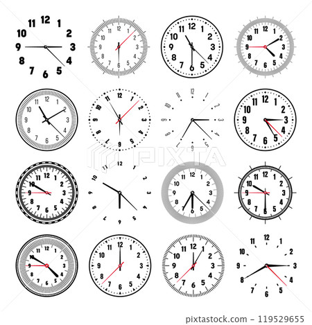 Mechanical clock faces with hands, bezel. Watch dial with minute, hour marks and numbers, arabic numerals. Timer or stopwatch element. Measuring circle scale with divisions. Vector illustration 119529655