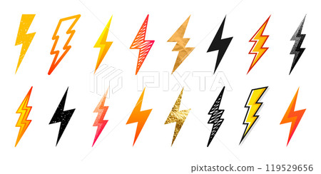 Lightning bolt icons collection. Golden, grunge, stippled, hand drawn flash symbol, thunderbolt. Dot drawing. Simple lightning strike sign. Vector illustration 119529656