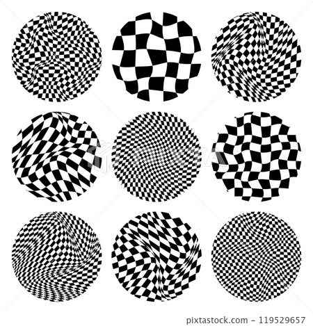 Trendy round checkered pattern, distorted tiled grid. Wavy curved backdrop, distortion effect. Funky geometric chessboard texture, retro background in 90s style, y2k. Vector illustration 119529657