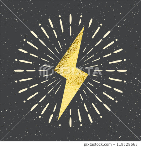 Vintage golden lightning bolt and sun rays. Gold foil texture. Lightning with sunburst effect. Thunderbolt, electric shock sign. Vector illustration 119529665