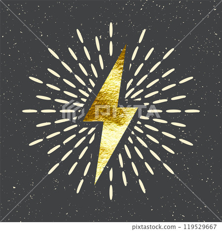 Vintage golden lightning bolt and sun rays. Gold foil texture. Lightning with sunburst effect. Thunderbolt, electric shock sign. Vector illustration 119529667