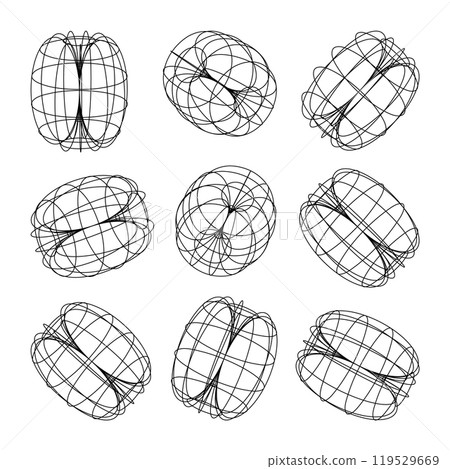 Wireframe lined shapes. Perspective mesh, 3d grid. Low poly geometric elements. Retro futuristic design elements, y2k, vaporwave and synthwave style. Vector illustration Wireframe lined shapes. Perspective mesh, 3d grid. Low poly geometric elements. Retro futuristic design elements, y2k, vaporwave and synthwave style. Vector illustration 119529669
