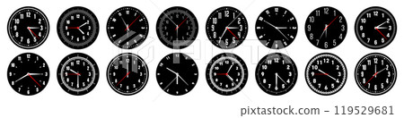 Mechanical clock faces with hands, bezel. Watch dial with minute, hour marks and numbers, arabic numerals. Timer or stopwatch element. Measuring circle scale with divisions. Vector illustration 119529681