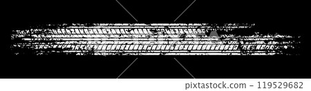 Grunge tire track, wheel braking marks. White truck, car or motorcycle tread pattern silhouette. Auto race, motorsport, speed racing design element. Vector illustration 119529682