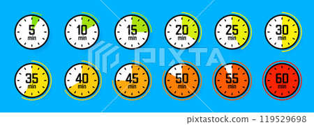 Stopwatch icons. Colorful simple chronometer, time counter with dial. Countdown timer showing hours and minutes. Deadline, measurement for sport. Cooking time label, sticker. Vector illustration Stopwatch icons. Colorful simple chronometer, time counter with dial. Countdown timer showing hours and minutes. Deadline, measurement for sport. Cooking time label, sticker. Vector illustration 119529698
