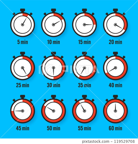 Stopwatch icons. Colorful simple chronometer, time counter with dial. Countdown timer showing hours and minutes. Deadline, measurement for sport. Cooking time label, sticker. Vector illustration 119529708
