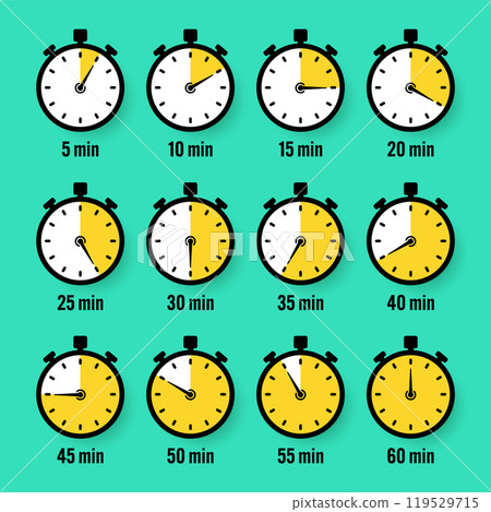 Stopwatch icons. Colorful simple chronometer, time counter with dial. Countdown timer showing hours and minutes. Deadline, measurement for sport. Cooking time label, sticker. Vector illustration 119529715