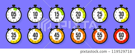 Stopwatch icons. Colorful simple chronometer, time counter with dial. Countdown timer showing hours and minutes. Deadline, measurement for sport. Cooking time label, sticker. Vector illustration Stopwatch icons. Colorful simple chronometer, time counter with dial. Countdown timer showing hours and minutes. Deadline, measurement for sport. Cooking time label, sticker. Vector illustration 119529718