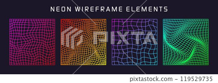 Colorful wireframe shapes, lined perspective mesh, 3d grid. Low poly geometric elements. Retro futuristic design elements, y2k, vaporwave and synthwave style. Vector illustration 119529735