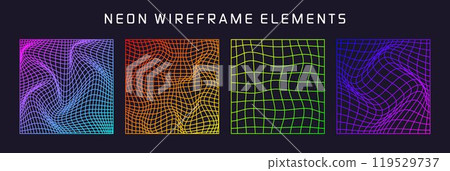 Colorful wireframe shapes, lined perspective mesh, 3d grid. Low poly geometric elements. Retro futuristic design elements, y2k, vaporwave and synthwave style. Vector illustration Colorful wireframe shapes, lined perspective mesh, 3d grid. Low poly geometric elements. Retro futuristic design elements, y2k, vaporwave and synthwave style. Vector illustration 119529737