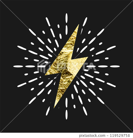 Vintage golden lightning bolt and sun rays. Gold foil texture. Lightning with sunburst effect. Thunderbolt, electric shock sign. Vector illustration Vintage golden lightning bolt and sun rays. Gold foil texture. Lightning with sunburst effect. Thunderbolt, electric shock sign. Vector illustration 119529758