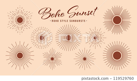 Vintage sunburst, sunset beams collection. Boho style, modern minimalist bohemian design. Hand drawn bursting sun, light rays. Logotype or lettering design element in retro style. Vector illustration Vintage sunburst, sunset beams collection. Boho style, modern minimalist bohemian design. Hand drawn bursting sun, light rays. Logotype or lettering design element in retro style. Vector illustration 119529760