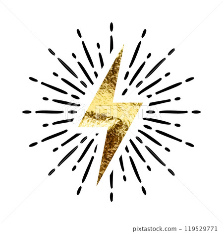 Vintage golden lightning bolt and sun rays. Gold foil texture. Lightning with sunburst effect. Thunderbolt, electric shock sign. Vector illustration 119529771