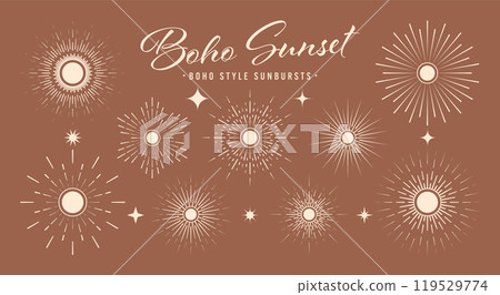 Vintage sunburst, sunset beams collection. Boho style, modern minimalist bohemian design. Hand drawn bursting sun, light rays. Logotype or lettering design element in retro style. Vector illustration 119529774